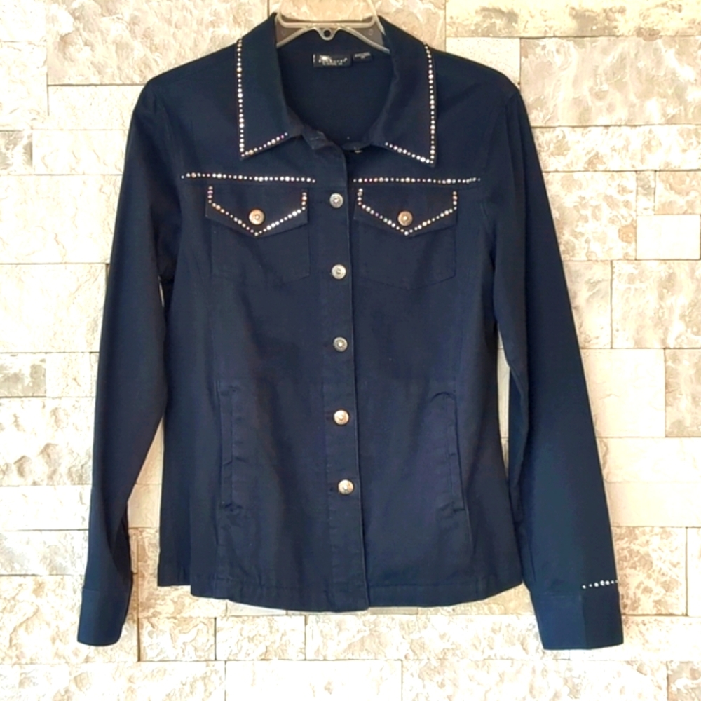 Sunburst VTG 90s Studded Western Jean Jacket SM, Black Cotton Rhinestone Accents